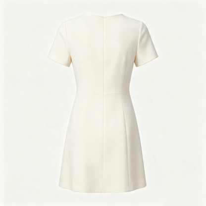 LoveChord Women's Short‑Sleeve Round Neck A‑Line Mini Dress, Elegant Solid Cream Tailored Casual Formal Short Dress