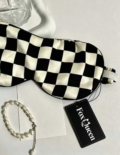 FoxQueen Checkered Imitation Silk Sleep Mask, Adjustable Strap Light Blocking Blindfold, Comfort Eye Cover for Nap Travel Night Sleep