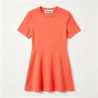 Parkgirl Women's Short Sleeve Crew Neck Mini Dress, Solid Orange Slim Fit A-Line Flare Dress, Soft Stretchy Knit Summer Dress for Daily Dating Vacation