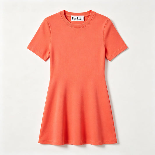 Parkgirl Women's Short Sleeve Crew Neck Mini Dress, Solid Orange Slim Fit A-Line Flare Dress, Soft Stretchy Knit Summer Dress for Daily Dating Vacation