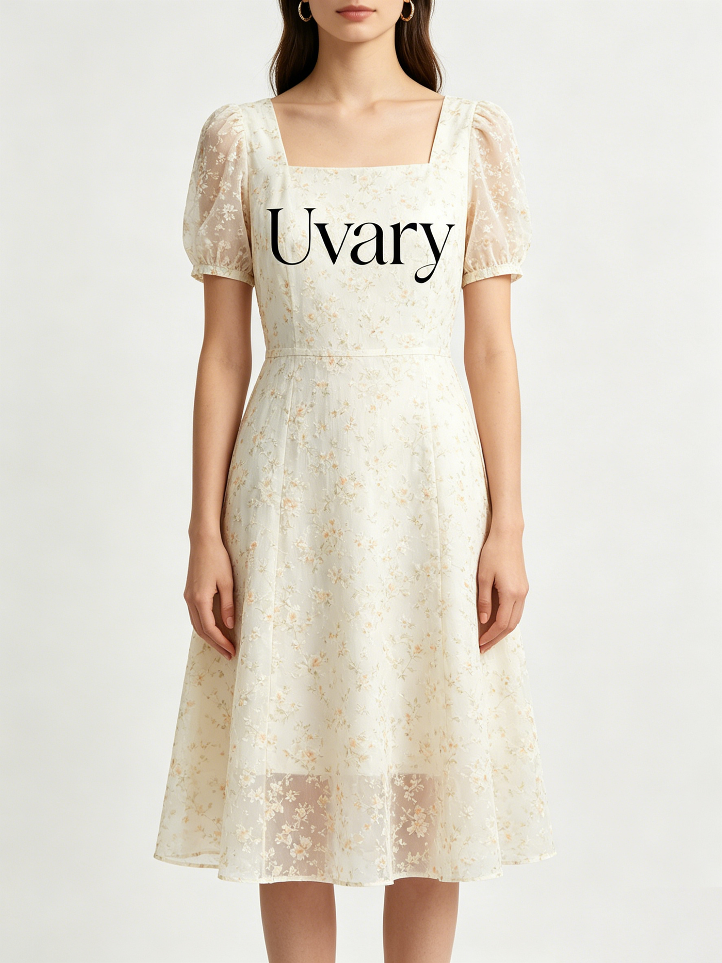 Uvary Square Neck Midi Floral Dress for Women Puff Short Sleeve Chiffon A Line Flowy Casual Wedding Guest Dresses