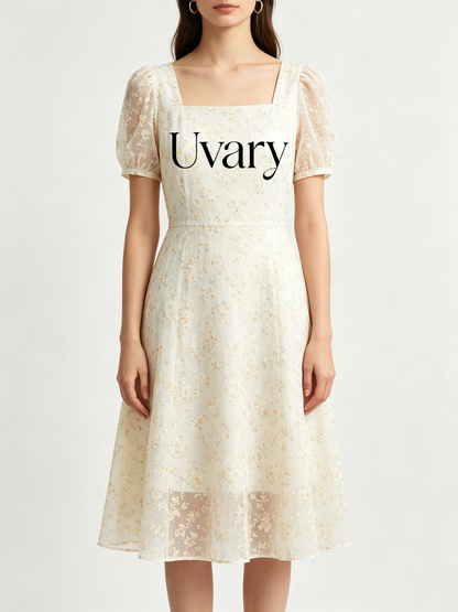 Uvary Square Neck Midi Floral Dress for Women Puff Short Sleeve Chiffon A Line Flowy Casual Wedding Guest Dresses