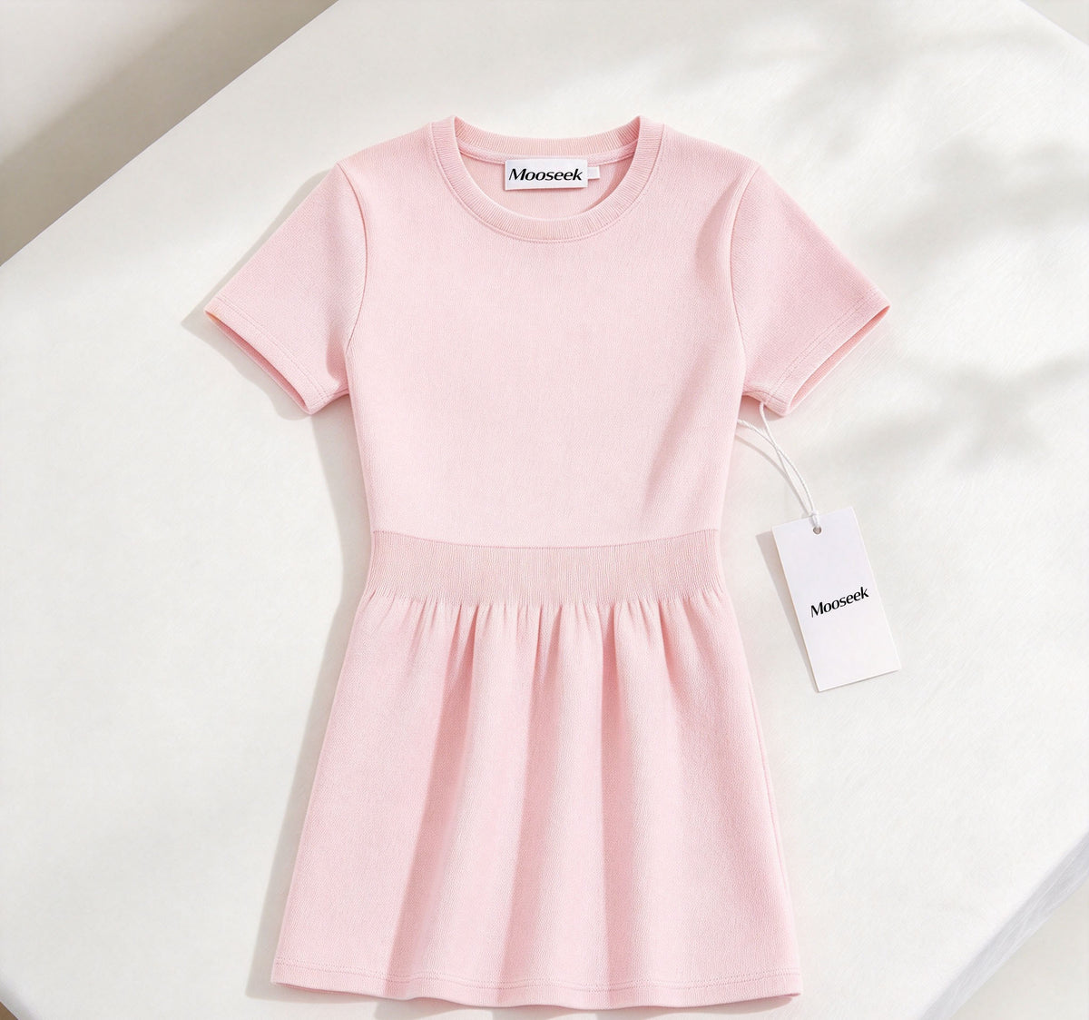 Mooseek Girls Short Sleeve Knit Dress, Round Neck A-Line Swing Casual Dress for Kids Daily Holiday Wear