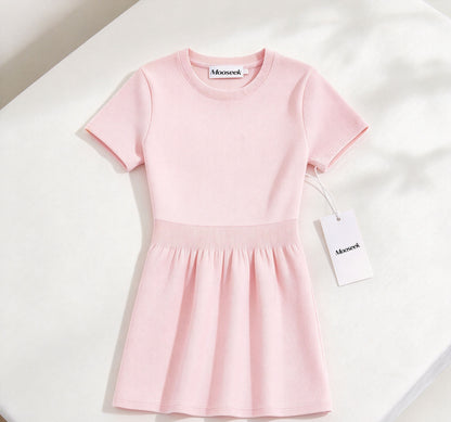 Mooseek Girls Short Sleeve Knit Dress, Round Neck A-Line Swing Casual Dress for Kids Daily Holiday Wear