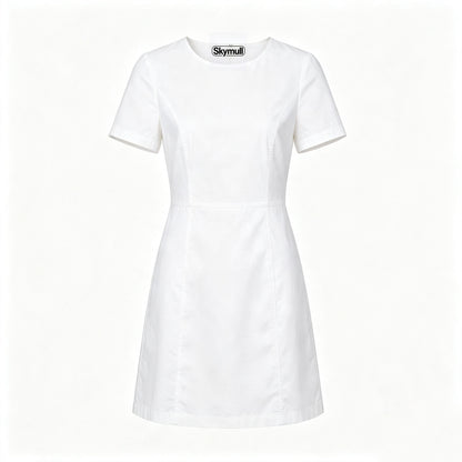 Skymull Short Sleeve White Dress for Women, Casual A‑Line Solid Mini Work Dress