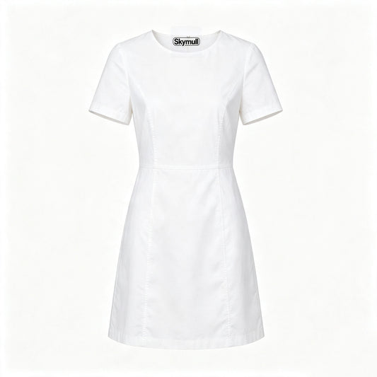 Skymull Short Sleeve White Dress for Women, Casual A‑Line Solid Mini Work Dress