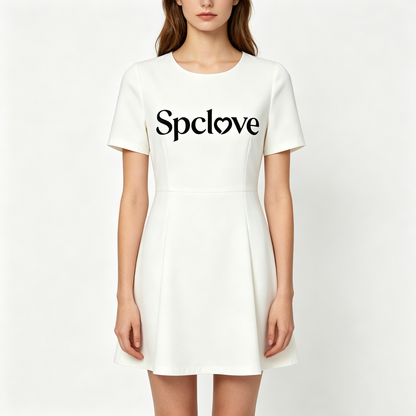 Spclove Women's Round Neck Short Sleeve A-Line Mini Dress, Solid White Flared Swing Dress, Casual Summer Wedding Guest Short Dress