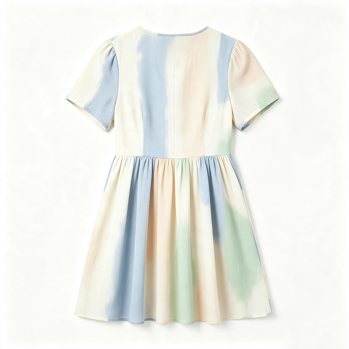 Odeyoung Pastel Gradient Casual Dress, Puff Short Sleeve High Waist Flowy Swing Mini Dress for Women