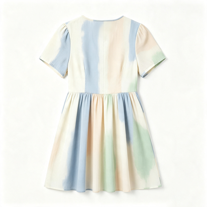 Odeyoung Pastel Gradient Casual Dress, Puff Short Sleeve High Waist Flowy Swing Mini Dress for Women