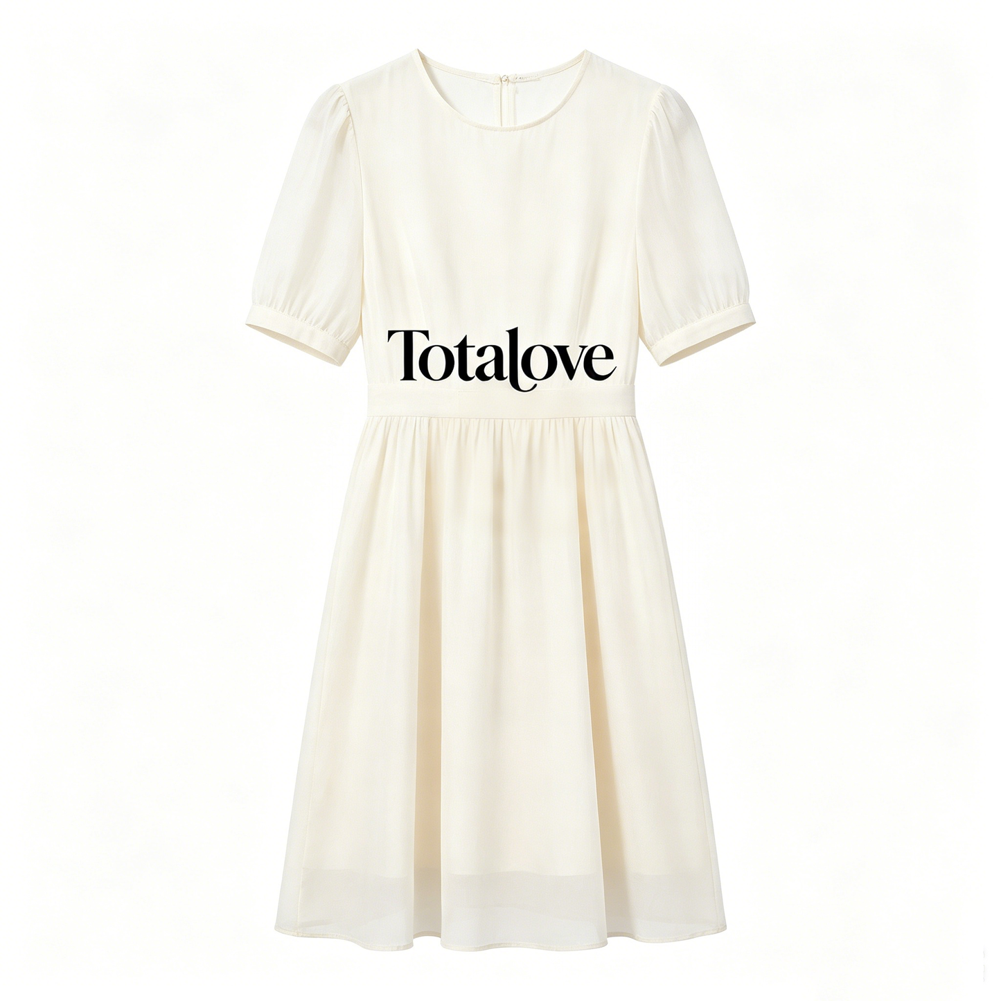 Totalove Women’s Cream Round Neck Puff Short Sleeve Mini Dress, Waist Cinched Flowy Chiffon A Line Dress, Elegant Casual Summer Swing Dress for Dating Office Wedding Guest