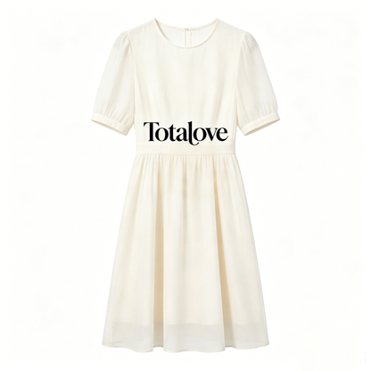 Totalove Women’s Cream Round Neck Puff Short Sleeve Mini Dress, Waist Cinched Flowy Chiffon A Line Dress, Elegant Casual Summer Swing Dress for Dating Office Wedding Guest