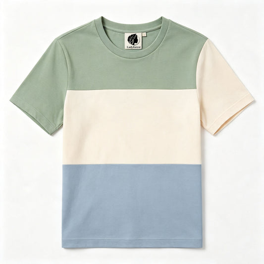 Ladyforest Horizontal Three‑Tone Color Block T‑Shirt, Breathable Cotton Round‑Neck Short‑Sleeve Top for Daily Outdoor
