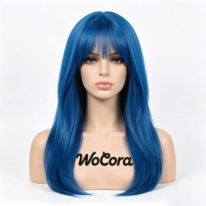 【WoCora Blue Straight Wig】—— Bold & Versatile Synthetic Hairpiece