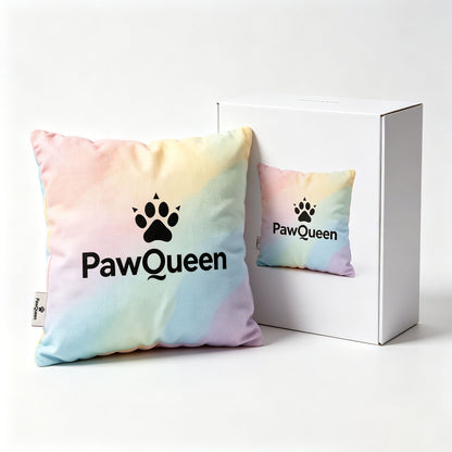 PawQueen Rainbow Pastel Throw Pillow Cute Paw‑Print Decorative Square Cushion, Home Sofa Couch Accent Pillow