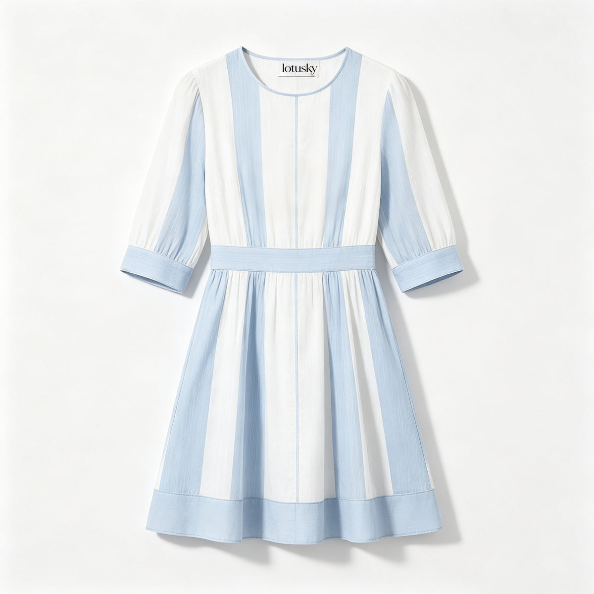 lotusky Women's Striped 3/4 Sleeve A Line Mini Dress, Round Neck Waisted Flare Short Dress for Summer Casual