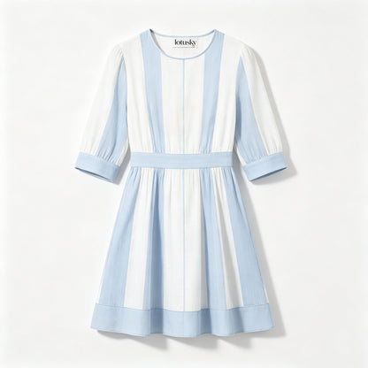 lotusky Women's Striped 3/4 Sleeve A Line Mini Dress, Round Neck Waisted Flare Short Dress for Summer Casual