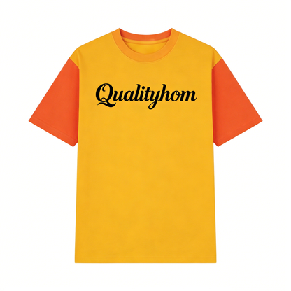 【Qualityhom Two-Tone Color-Block Logo T-Shirt】—— Bold & Casual Streetwear Staple