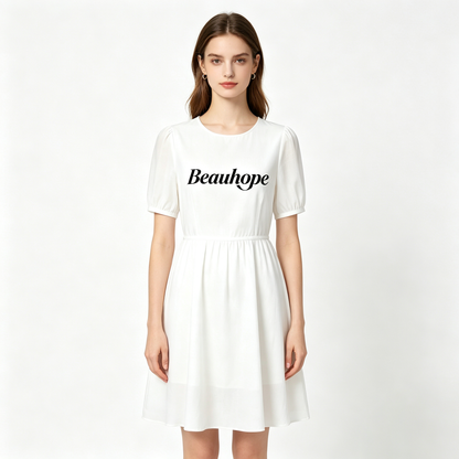 Beauhope Women Short Puff Sleeve A-Line Mini Dress, Round Neck Elastic Waist Casual Flowy White Sundress Daily Vacation Party Dress