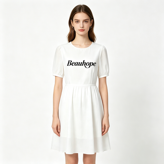 Beauhope Women Short Puff Sleeve A-Line Mini Dress, Round Neck Elastic Waist Casual Flowy White Sundress Daily Vacation Party Dress