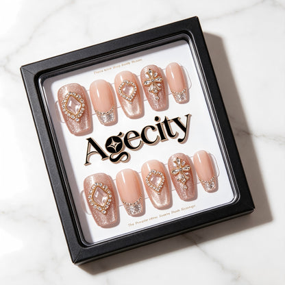 Agecity Luxury Press-On Nails, Nude Pink Gradient French False Nails with Rhinestones, Reusable Medium-Length Fake Nails, Elegant Bridal & Party Nail Art Kit