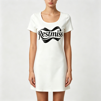 Restmiss Women’s Short Sleeve Scoop Neck Mini T-Shirt Dress, Elegant Script Graphic Slim Fit Casual Bodycon Mini Dress for Summer Daily Street Outings