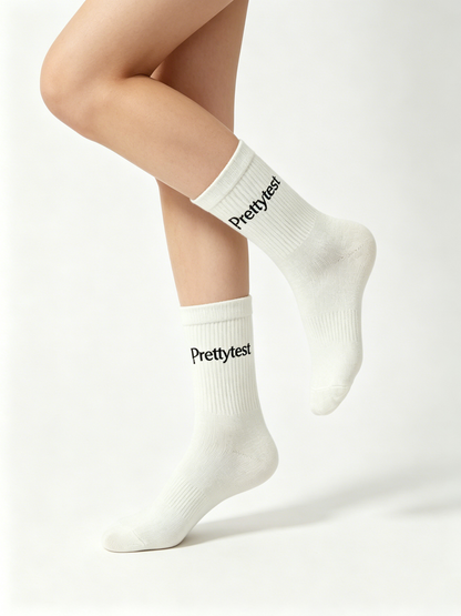 Prettytest Women’s Classic White Crew Socks, Soft Cotton Ribbed Mid Calf Athletic Casual Socks, 5 Pairs Multipack