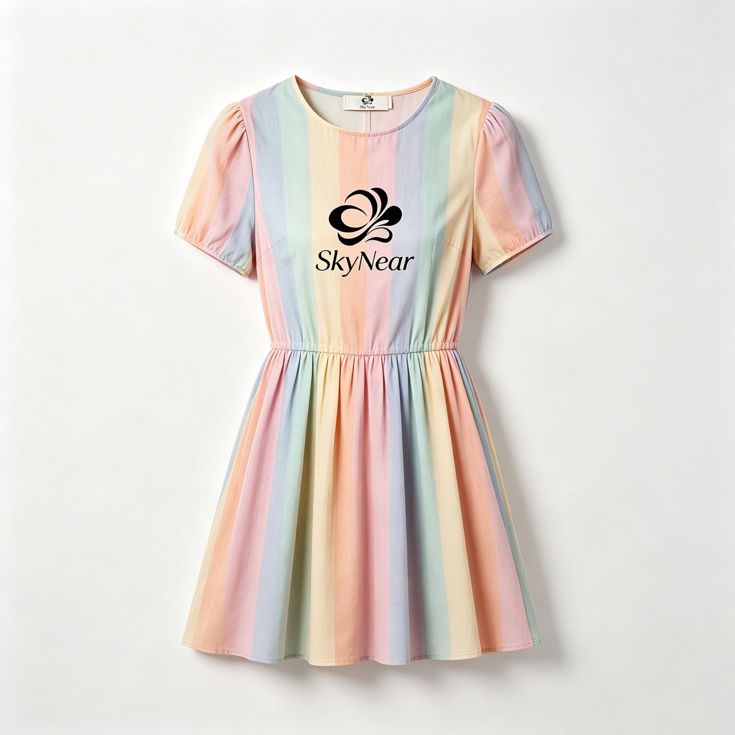 SkyNear Pastel Vertical‑Stripe Short Puff Sleeve Dress, Elastic Waist Flare Mini Dress