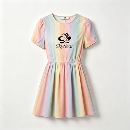 SkyNear Pastel Vertical‑Stripe Short Puff Sleeve Dress, Elastic Waist Flare Mini Dress