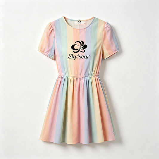 SkyNear Pastel Vertical‑Stripe Short Puff Sleeve Dress, Elastic Waist Flare Mini Dress