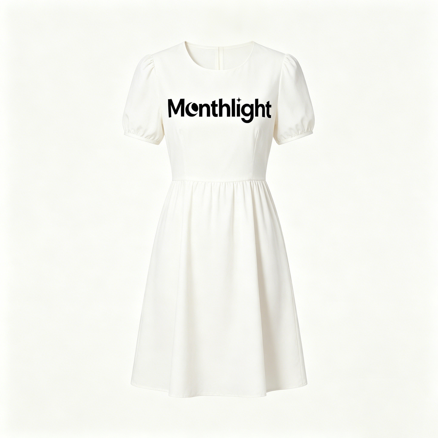 Monthlight Women's Puff Short Sleeve A-Line Dress, Round Neck Flared Swing Mini Dress, Casual Summer Wedding Guest White Dress