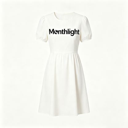 Monthlight Women's Puff Short Sleeve A-Line Dress, Round Neck Flared Swing Mini Dress, Casual Summer Wedding Guest White Dress