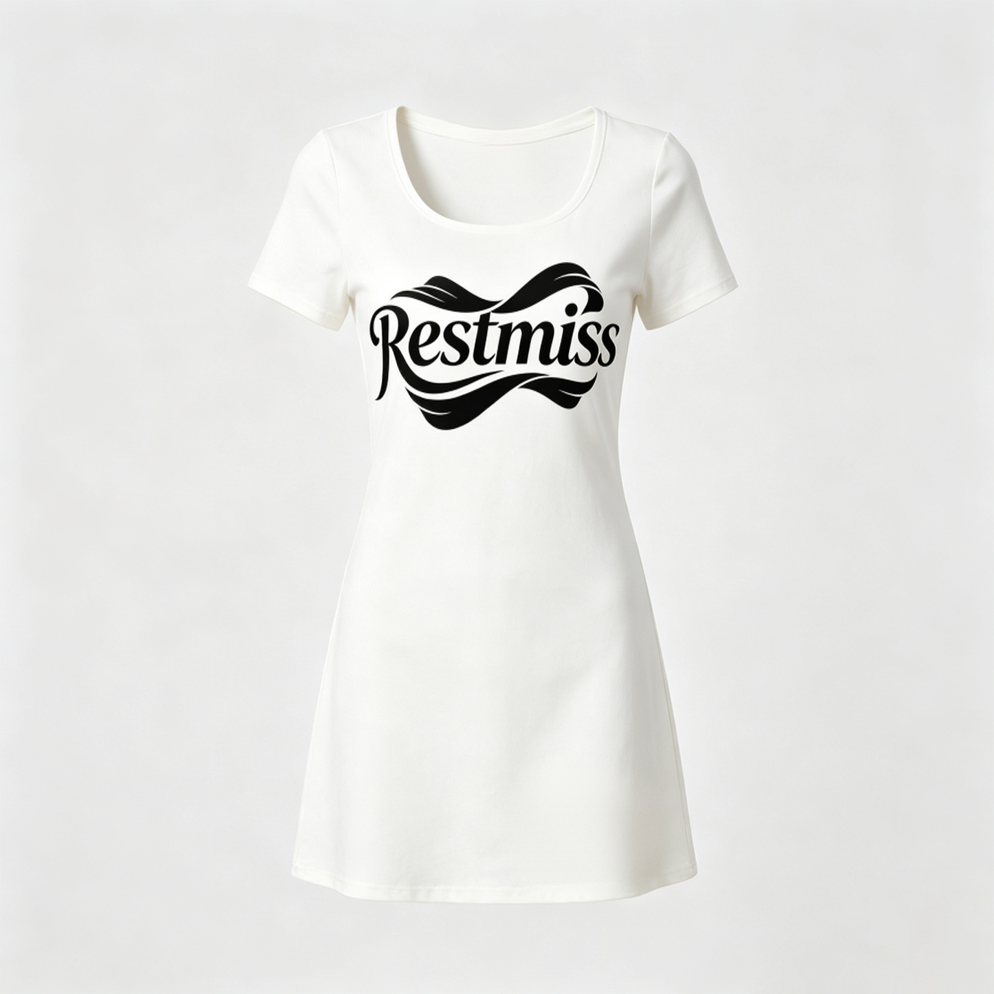 Restmiss Women’s Short Sleeve Scoop Neck Mini T-Shirt Dress, Elegant Script Graphic Slim Fit Casual Bodycon Mini Dress for Summer Daily Street Outings