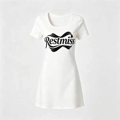 Restmiss Women’s Short Sleeve Scoop Neck Mini T-Shirt Dress, Elegant Script Graphic Slim Fit Casual Bodycon Mini Dress for Summer Daily Street Outings