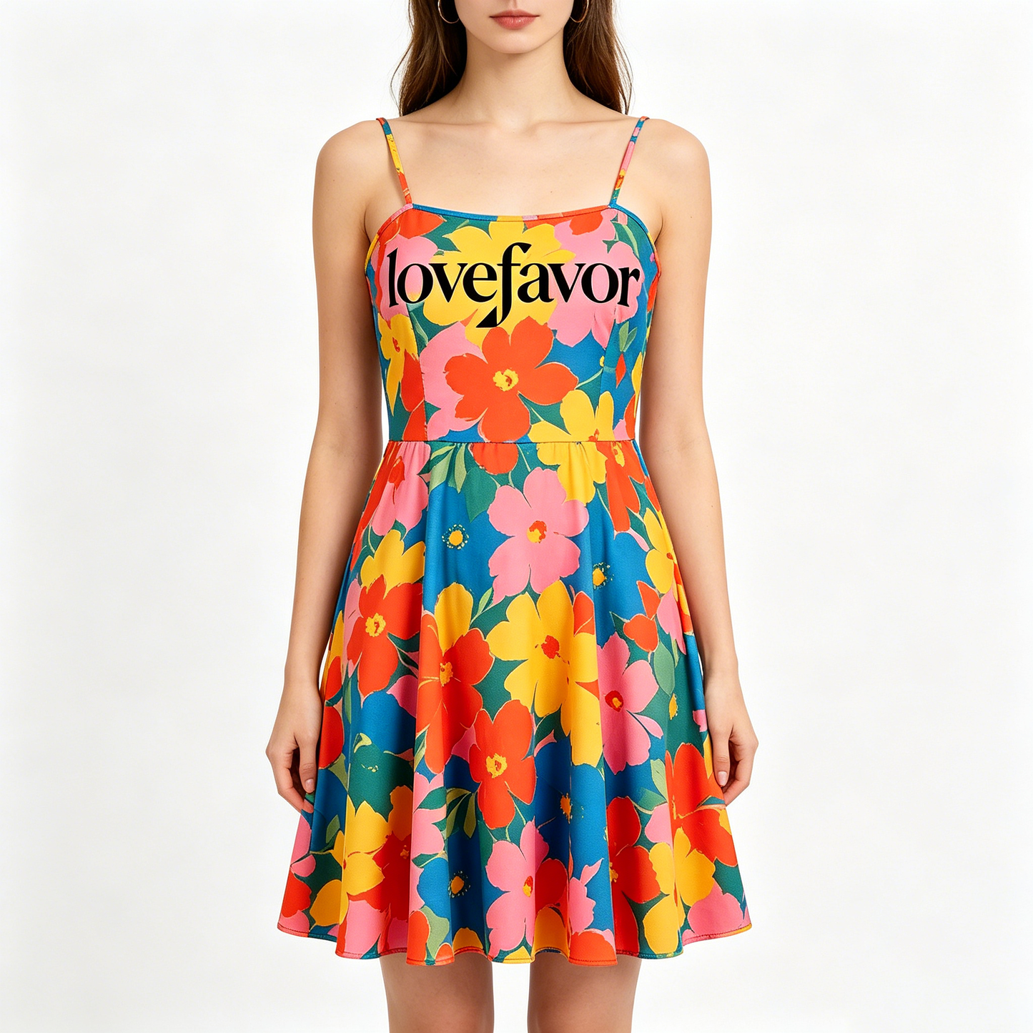 lovefavor Floral Print Cami Dress, Women’s Summer Spaghetti Strap A-Line Swing Mini Dress, Casual Beach Sundress