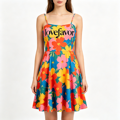 lovefavor Floral Print Cami Dress, Women’s Summer Spaghetti Strap A-Line Swing Mini Dress, Casual Beach Sundress