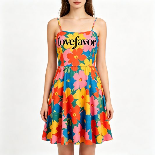 lovefavor Floral Print Cami Dress, Women’s Summer Spaghetti Strap A-Line Swing Mini Dress, Casual Beach Sundress