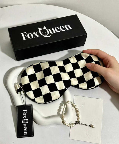 FoxQueen Checkered Imitation Silk Sleep Mask, Adjustable Strap Light Blocking Blindfold, Comfort Eye Cover for Nap Travel Night Sleep
