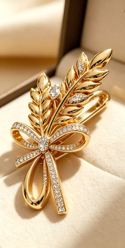 FREERA Wheat Bow Brooch, Gold-Plated Crystal Pin, Luxury Fashion Accessory for Suits, Coats, and Gifts