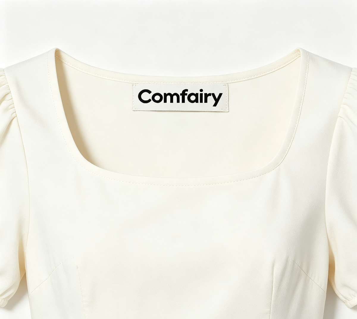 Comfairy Women's Square Neck Mini Dress, Puff Short Sleeve A-Line Flare Skater Dress, Solid Cream Casual Summer Dress for Dating Party Daily Outing
