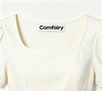Comfairy Women's Square Neck Mini Dress, Puff Short Sleeve A-Line Flare Skater Dress, Solid Cream Casual Summer Dress for Dating Party Daily Outing