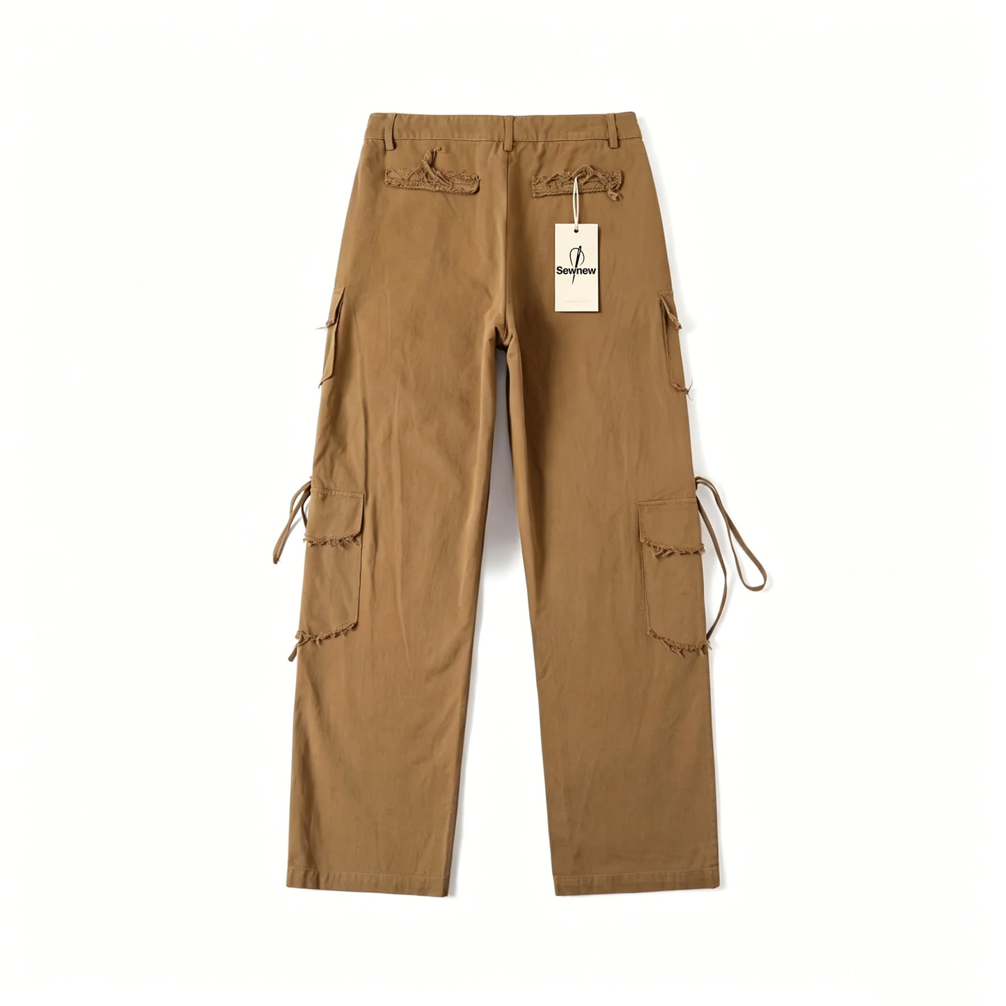 Sewnew Women's Khaki Cargo Pants, Raw Edge Multi Pocket Wide Leg Work Pants, Adjustable Drawstring Casual Streetwear Baggy Trousers
