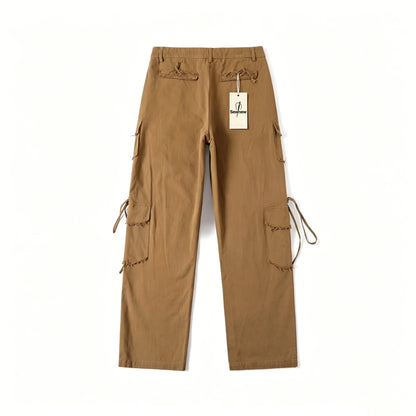 Sewnew Women's Khaki Cargo Pants, Raw Edge Multi Pocket Wide Leg Work Pants, Adjustable Drawstring Casual Streetwear Baggy Trousers