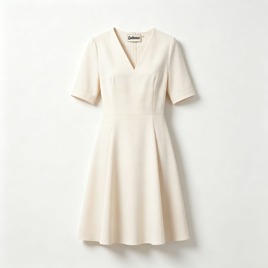 Bellisten V‑Neck Short Sleeve Midi Dress, Elegant A‑Line Flare Formal Work Dress Classic Solid Color Office Business Casual Party Dresses for Women