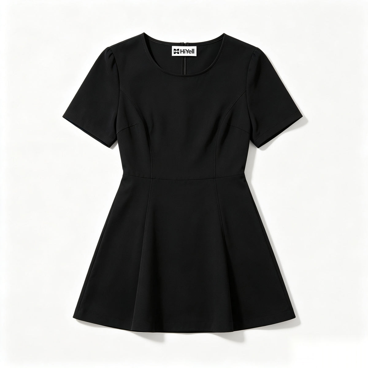 HiYell Round Neck Short-Sleeve Fit-and-Flare Mini Dress, Classic Black A-Line Dress for Women Casual Business Wear