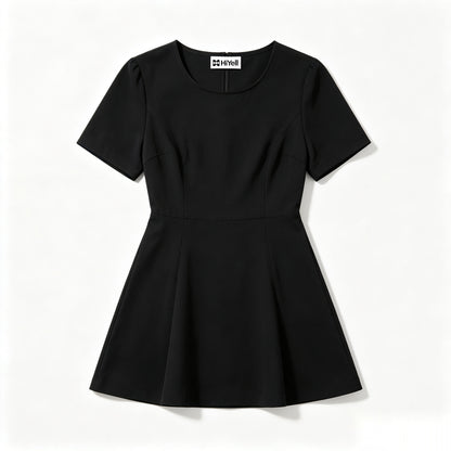 HiYell Round Neck Short-Sleeve Fit-and-Flare Mini Dress, Classic Black A-Line Dress for Women Casual Business Wear