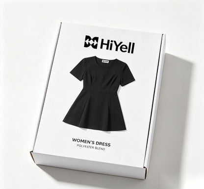 HiYell Round Neck Short-Sleeve Fit-and-Flare Mini Dress, Classic Black A-Line Dress for Women Casual Business Wear