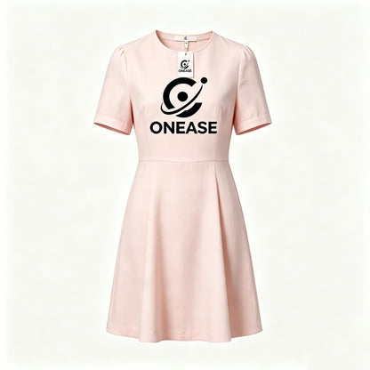 ONEASE Blush Pink Short Sleeve A-Line Mini Dress, Crew Neck Flared Work Casual Office Knee Length Dress for Women
