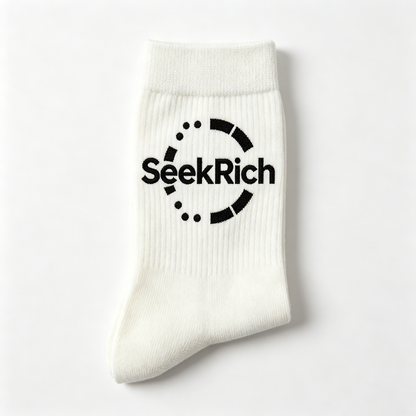 SeekRich Crew Socks for Men Women - Classic White Cotton Mid-Calf Socks with Black Logo Print, Breathable Casual Streetwear Socks for Everyday Wear