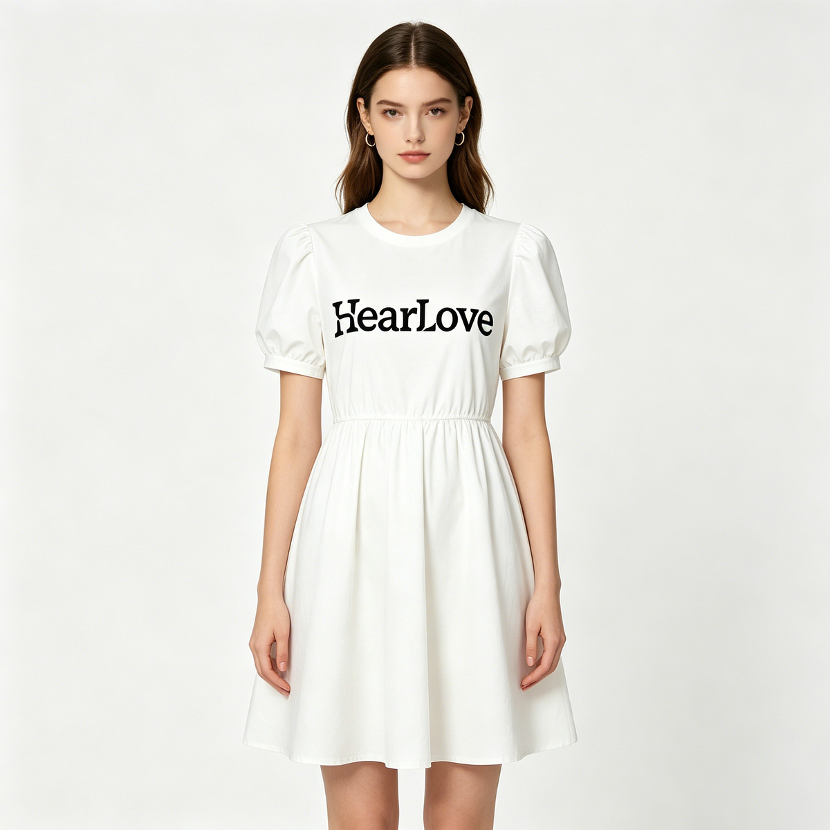 HearLove Women Puff Sleeve Mini Dress, Casual Round Neck Elastic Waist A-Line Short Tshirt Dress, Cute Summer Flowy Swing Dress for Daily Vacation