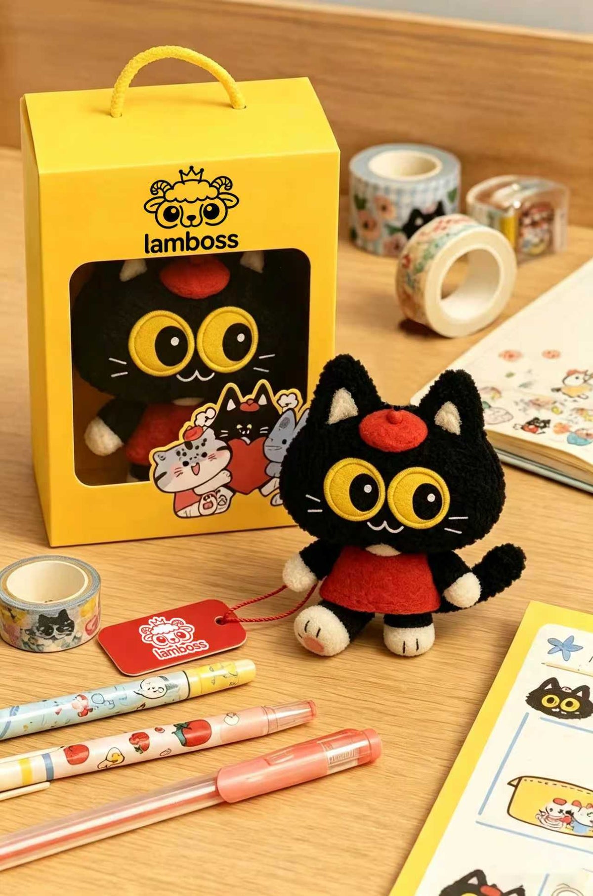 lamboss Cute Black Cat Plush Toy, Soft Stuffed Animal Plush Toy with Gift Box, Kawaii Cartoon Kitty Plush Figure, Lovely Cat Plush Toy Gift for Kids, Birthday Decor
